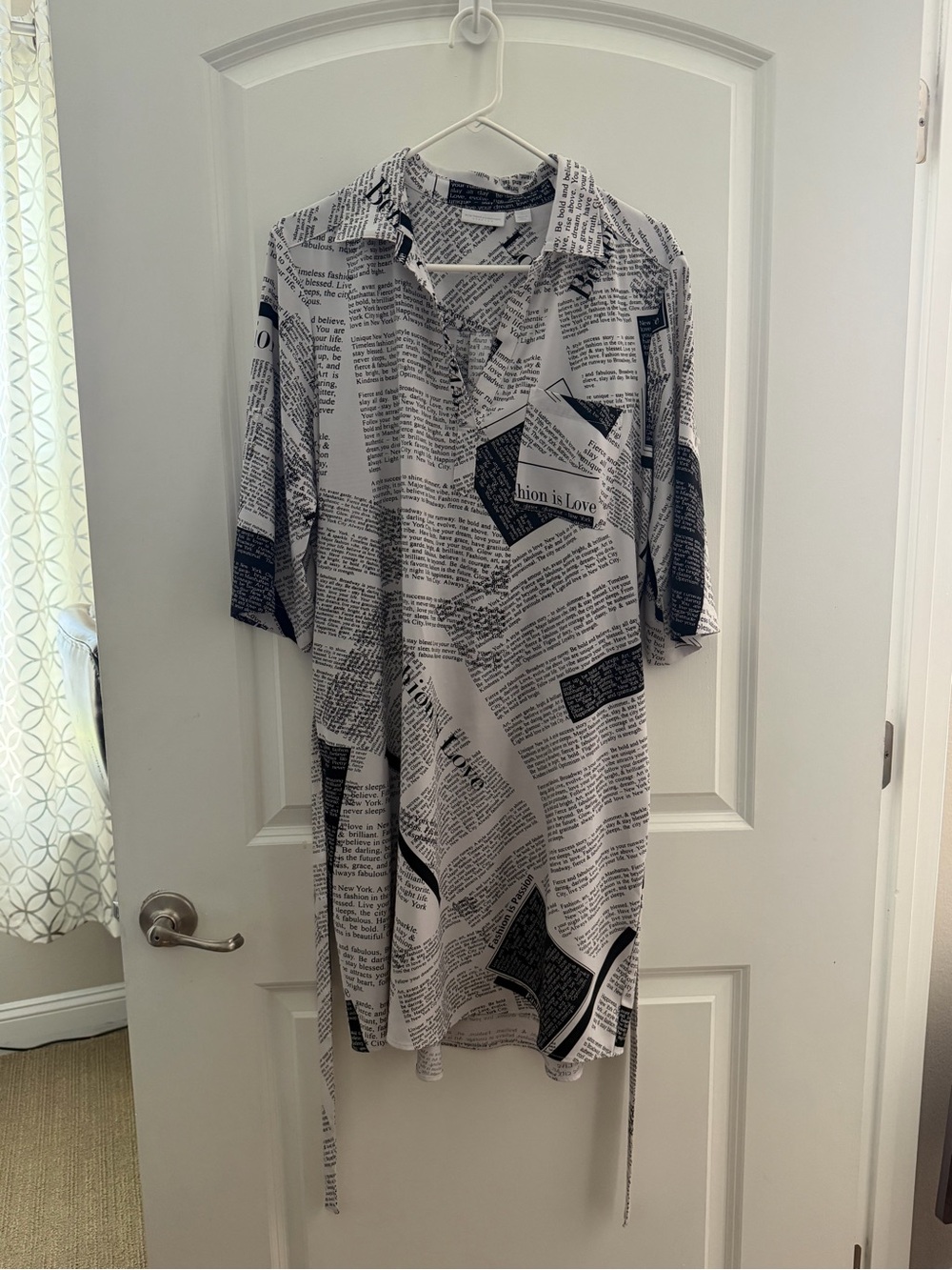 New York & Company Black & White Newspaper Print Midi Shirt Dress